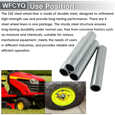 Steel Wheel Bushings 332 Replacement Part With One Half Inch Inner Diameter And Five Eighths Inch Outer Diameter And Three And One Quarter Inch Height Pack Of Four shown with usage examples on lawn equipment and wheel application