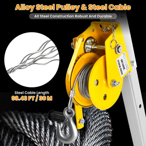 Close-up of yellow pulley with steel cable from Confined Space Rescue Tripod Kit With 2600lbs Winch