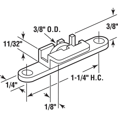 Diagram of Three Eighths Inch Steel Flat Edge Sliding Window Roller Assembly For Tom Rays Tyco 66 Series Windows With White Nylon Housing And Steel Roller Mounting Holes On Center One And One Quarter Inches Four Pack, showing dimensions and layout.