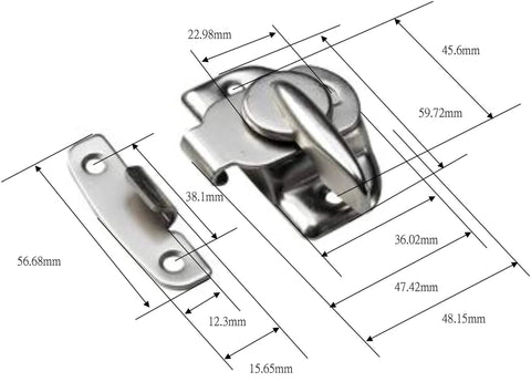 Flat Black Cam Action Window Sash Lock And Keeper Set Four Pack Durable Steel Construction Includes Mounting Screws For Easy Install One And Three Quarter Inch Hole Center Made In Taiwan, dimensions displayed