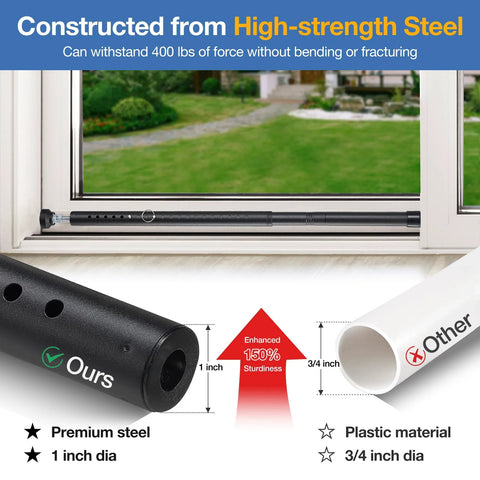 Sliding Door Security Bar 18 To 50 Inches Adjustable Window Security Bar with Rubber Tips shown in window installation.