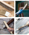 Steel Wire Brush Pack of 2 with Beechwood Handles cleaning rust from metal, tiles, and wood surfaces, showcasing heavy-duty bristles.