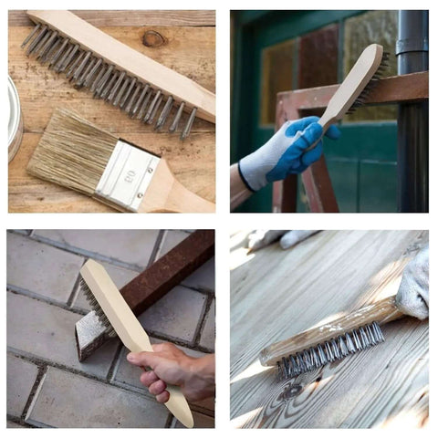 Steel Wire Brush Pack of 2 with Beechwood Handles cleaning rust from metal, tiles, and wood surfaces, showcasing heavy-duty bristles.