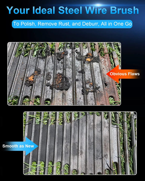 Comparison of metal surface before and after using Six Pack Carbon Steel Wire Wheel And Pen Brush Set With One Quarter Inch Hex Shank.