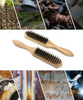 Steel Wire Brush Pack of 2 - Beechwood Handle shown with rust and paint removal uses.