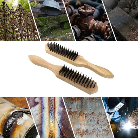Steel Wire Brush Pack of 2 - Beechwood Handle shown with rust and paint removal uses.