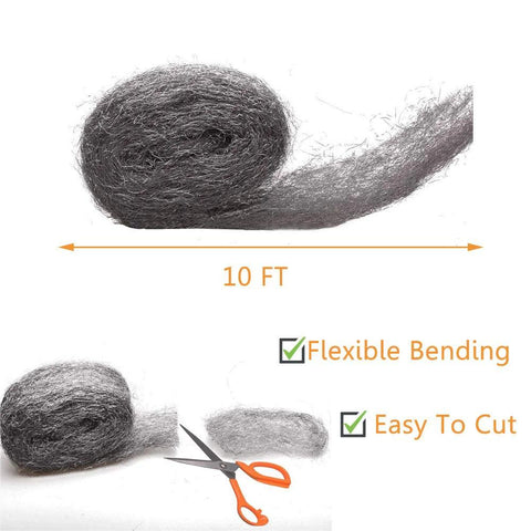 Steel Wool Fill Fabric DIY Kit for Mouse Proofing Homes, showing 10-foot roll, flexible bending, easy to cut with scissors.