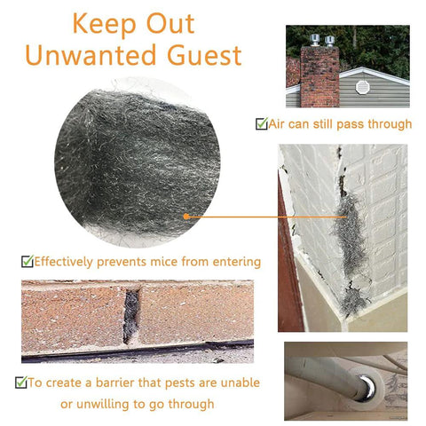 Steel Wool Fill Fabric DIY Kit for Mouse Proofing Homes, images showing steel wool use in cracks and pipes.