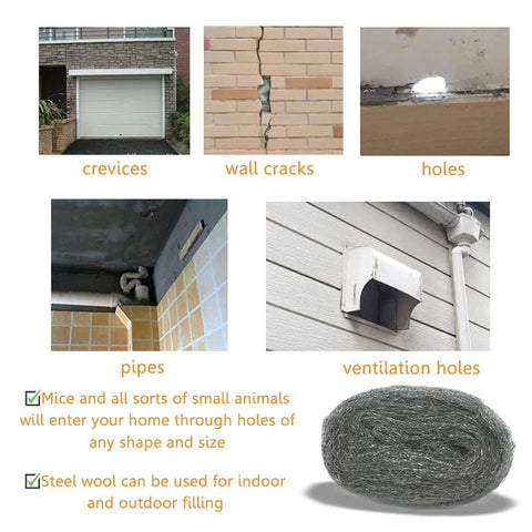 Steel Wool Fill Fabric DIY Kit for Mouse Proofing Homes showing uses for sealing crevices, wall cracks, pipes, and ventilation holes.