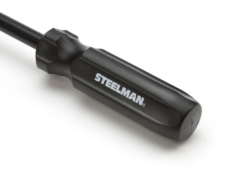 Close-up of heavy duty hubcap remover tool for auto mechanics delivers durable steel build, secure handle grip visible.