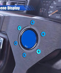 Close-up of car steering wheel with ✝️ DEAELF 6PCS Steering Wheel Screw Kit, stainless flat head bolts, burnt titanium finish installed.