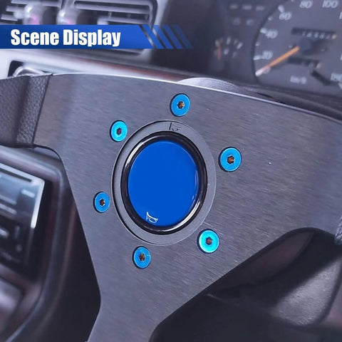 Close-up of car steering wheel with ✝️ DEAELF 6PCS Steering Wheel Screw Kit, stainless flat head bolts, burnt titanium finish installed.