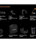 Steinel heat gun accessories including temperature scanner, HL light, fine dust filter, air tool stand, plastic hanger, case, stand, and tube