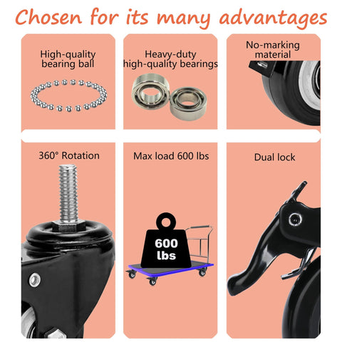 Features of 2 Inch Stem Caster Set Of 4 Threaded M10 25 mm Stems Quiet Brakes Industrial Polyurethane Wheels, showing bearings and dual lock.