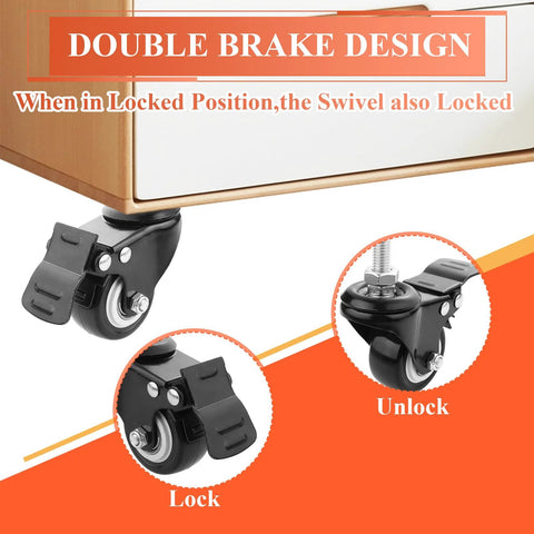 Four Pack Of 2 Inch Stem Casters Heavy Duty Swivel Casters With Brakes And Without Brakes Loading Up To 110 Lbs Per Wheel Total 440 Lbs For Shopping Carts Hand Trolleys Tools And Movable Furniture, double brake design demonstration.