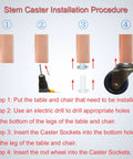 Stem caster installation steps for Antique Style Furniture Casters Set Of 4, 1-1/2 Inch Wheels, 5/16 Inch Axle, 8 x 38mm Polyurethane Casters.