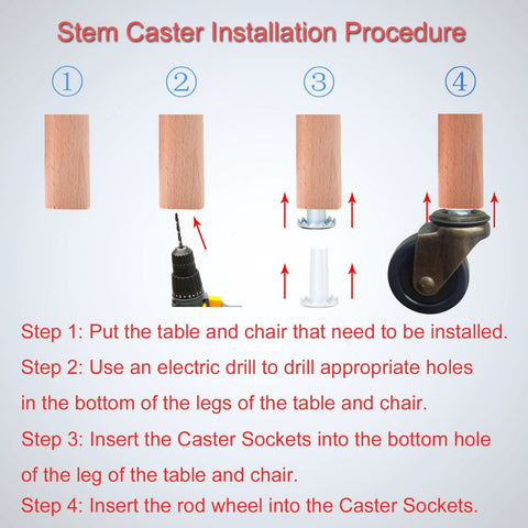 Stem caster installation steps for Antique Style Furniture Casters Set Of 4, 1-1/2 Inch Wheels, 5/16 Inch Axle, 8 x 38mm Polyurethane Casters.