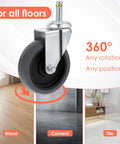 Heavy-duty TPR caster wheel for 4 Inch Stem Caster Wheels Set Of 4 Heavy Duty TPR Replacement Casters For Utility Carts Mop Buckets Grills And More With Seven Sixteenth Inch Stem Diameter And Nineteen Thirty Second Inch Socket For Easy Installation And Smooth Rolling, shown on different floor types.