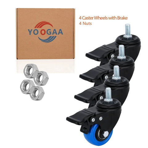 2-Inch Stem Caster Wheels Set Of 4 With 1/2-13 Threaded Stem featuring dual locking brakes, shown with nuts and packaging