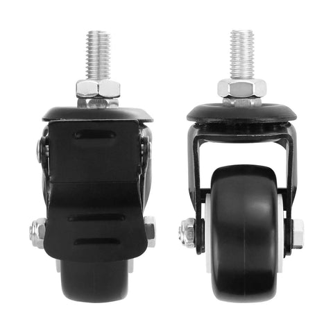 Four Pack Of 2 Inch Stem Casters Heavy Duty Swivel Casters With Brakes And Without Brakes Loading Up To 110 Lbs Per Wheel Total 440 Lbs For Shopping Carts Hand Trolleys Tools And Movable Furniture, side view of two casters showing brake and wheel.