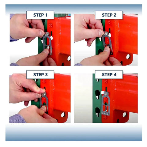 Installation steps for pallet rack safety clips 10 pack 67x29mm universal beam clip connectors galvanized metal.