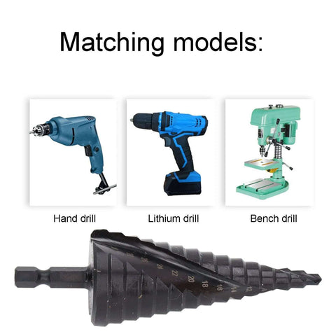 Pro Grade 10 Step High Speed Steel Step Drill Bit Set with Hex Shank for Metalworking, Pagoda Spiral Reamer, 4 to 22mm, shown with compatible hand, lithium, and bench drills.