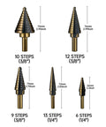 Step Drill Bit Set HSS Titanium Coated With Aluminum Case 50 Sizes in 5 Pieces, various sizes visible, for metal drilling
