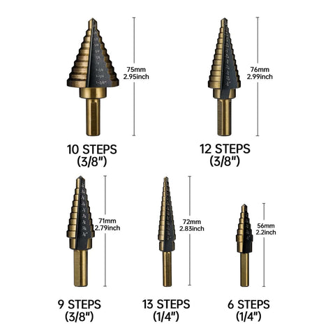 Step Drill Bit Set HSS Titanium Coated With Aluminum Case 50 Sizes in 5 Pieces, various sizes visible, for metal drilling