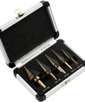 Step Drill Bit Set HSS Titanium Coated With Aluminum Case 50 Sizes In 5 Pieces For Metal Drilling displayed in an open case