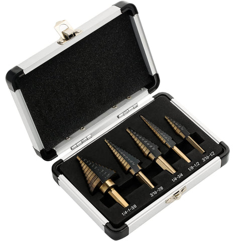 Step Drill Bit Set HSS Titanium Coated With Aluminum Case 50 Sizes In 5 Pieces For Metal Drilling displayed in an open case