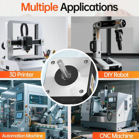 Nema 17 Stepper Motor 1.8° 2 Phase High Torque 0.13Nm with 42x21mm size shown in applications like 3D printer and CNC machine