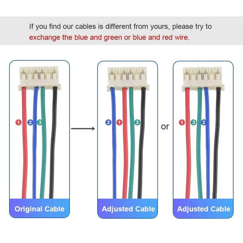 Diagram showing wiring adjustments for Nema 17 Pancake Stepper Motor 1A 17Ncm Bipolar 1.8 Degree 4-Lead 23mm Body Length cables.