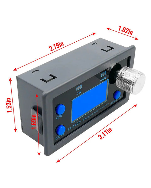 Stepper Motor Controller For Nema17 Nema23 1 To 128 Microstep 5-30V LCD Screen with blue display and dimensions shown