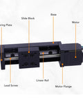 28 Stepper Motor Mini Linear Rail Slide Actuator, 50mm Stroke, X Y Z Stage with T Screw Rod, labeled parts shown.