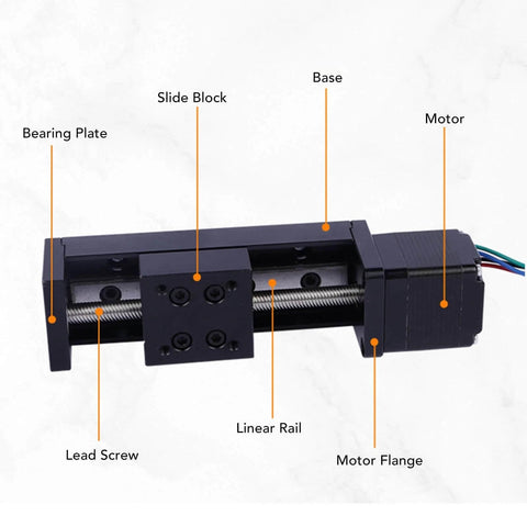 28 Stepper Motor Mini Linear Rail Slide Actuator, 50mm Stroke, X Y Z Stage with T Screw Rod, labeled parts shown.