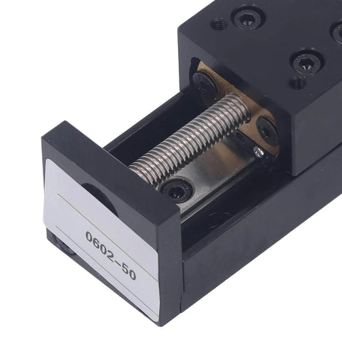 Close-up of 28 Stepper Motor Mini Linear Rail Slide Actuator, 50mm Stroke, X Y Z Stage with T Screw Rod, DIY CNC Router Parts detail view.