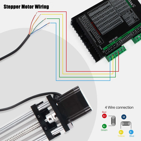 Stepper motor wiring for linear motion stage actuator, CNC linear motion rail guide with Nema23 stepper motor, slide rail 1605 ball screw double optical axis linear, effective stroke:100mm.