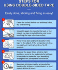 Instructions for using heavy duty double sided foam tape for walls and decor, showing step-by-step application process.