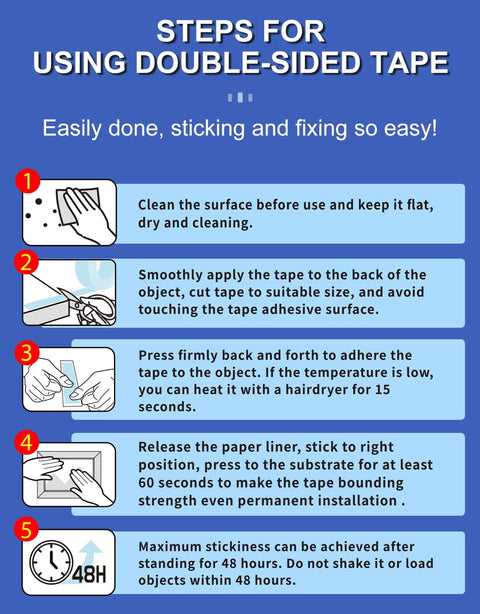 Instructions for using heavy duty double sided foam tape for walls and decor, showing step-by-step application process.
