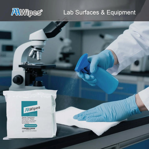 Scientist using Sterile Cleanroom Nonwoven Wipes 6x6 Inches, Bag Of 300 Pcs For Lab Use, Hydro Entangled Fifty Five Percent Cellulose Forty Five Percent Polyester Blend, AAWipes NW06809GM.