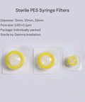 Sterile Syringe Filter Pack Of 10 Pcs With Double Layer PES Hydrophilic Membrane 0.2 Micron Final Filter for lab use, yellow packaging.
