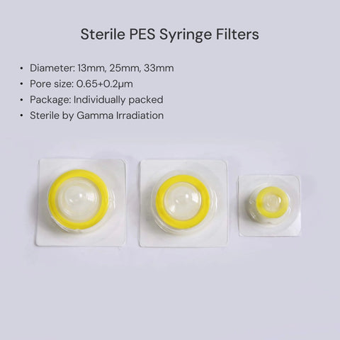 Sterile Syringe Filter Pack Of 10 Pcs With Double Layer PES Hydrophilic Membrane 0.2 Micron Final Filter for lab use, yellow packaging.