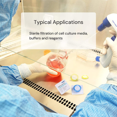 Lab technician using Sterile Syringe Filter Pack Of 10 Pcs With Double Layer PES Hydrophilic Membrane 0.2 Micron Final Filter