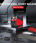 Ultra Portable Mini Stick Welder Wrdlosy with accessories including mask, rods, and gloves shown on display