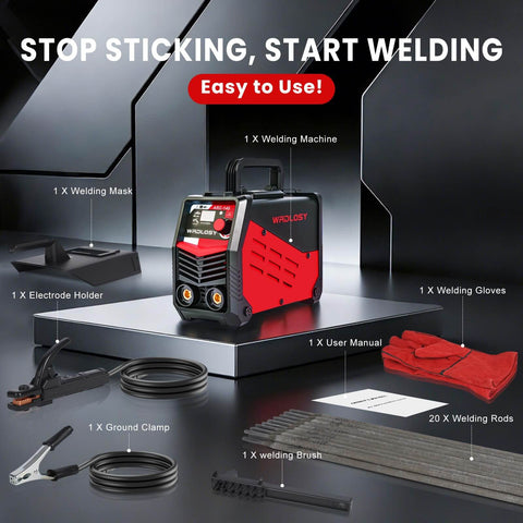 Ultra Portable Mini Stick Welder Wrdlosy with accessories including mask, rods, and gloves shown on display