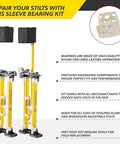 Replacement Kit For Stilts That Lets You Swap Worn Parts Fast On Site, Compatible With All Stilts, Easy On Site Installation, K7 Sleeve Bearings Included, DIY Friendly Maintenance Gear with two yellow stilts and nylon sleeve bearings shown.