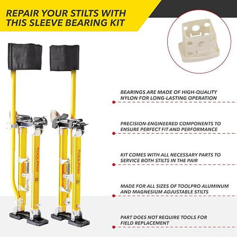 Replacement Kit For Stilts That Lets You Swap Worn Parts Fast On Site, Compatible With All Stilts, Easy On Site Installation, K7 Sleeve Bearings Included, DIY Friendly Maintenance Gear with two yellow stilts and nylon sleeve bearings shown.