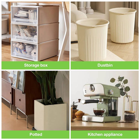 Collage of storage box, dustbin, potted plant, and kitchen appliance, featuring 8 Pieces Self Adhesive Caster Wheels For Kitchen Appliances And Small Furniture, 360 Degree Swivel Universal Mini Rollers For Smooth Mobility, No Drilling Needed, Strong Adhesion For White Storage Boxes And Lightweight Appliances.