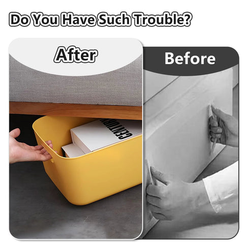 Before After comparison of storage solution; black and white image showing lifting, color image showing organized storage under furniture.
