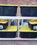 Wooden storage rack with black and yellow bins on 2 Inch Leveling Plate Caster Wheels With Adjustable Anti Vibration Leveling Feet.